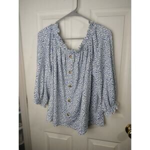 Melloday Woman L Blouse Argyle Blue White Wide Off Shoulder Button Accent...